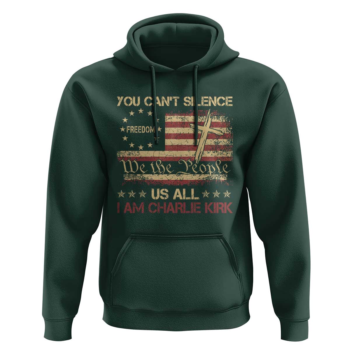 Charlie Kirk Hoodie You Cant Silence Us All Retro American Flag Cross - Wonder Print Shop
