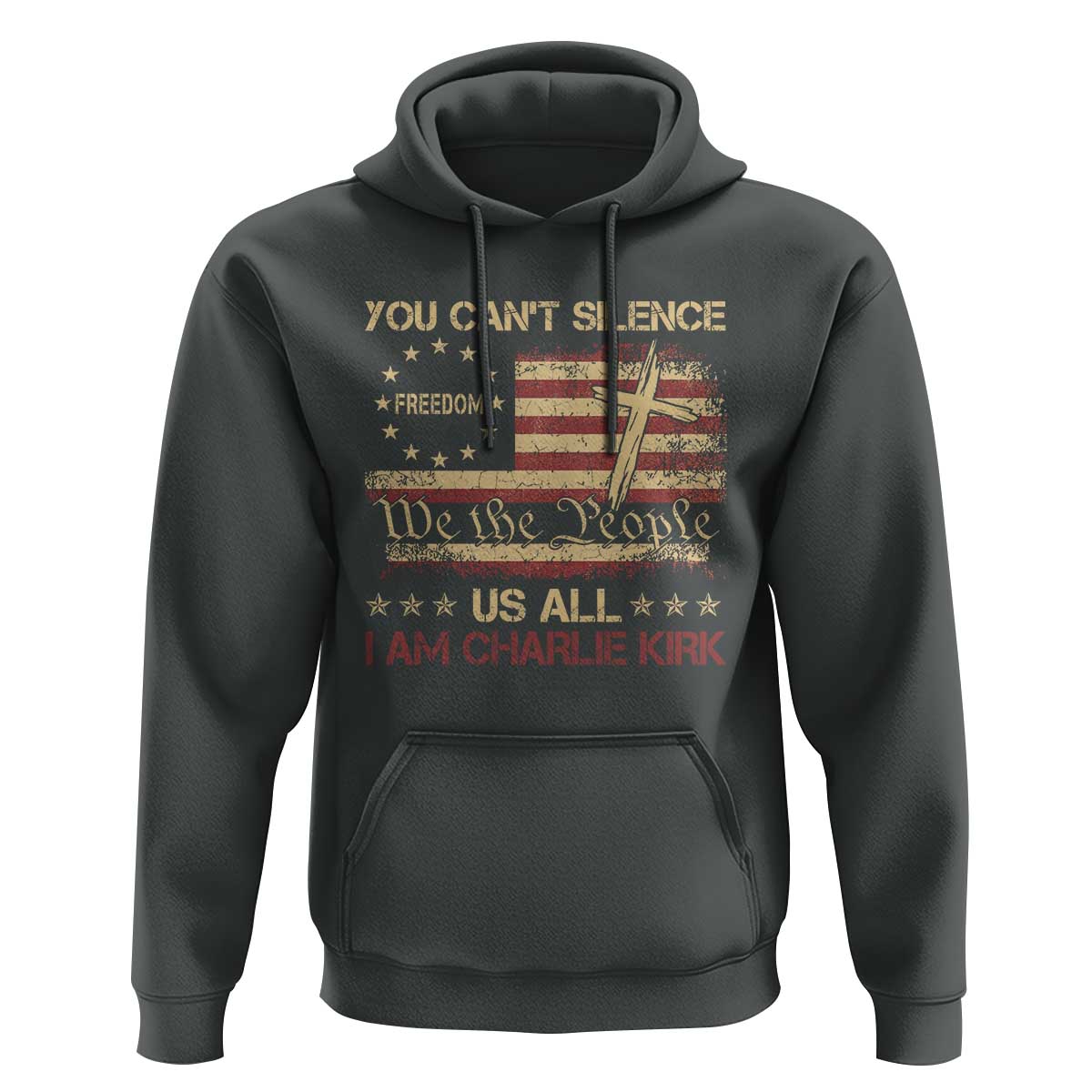 Charlie Kirk Hoodie You Cant Silence Us All Retro American Flag Cross - Wonder Print Shop