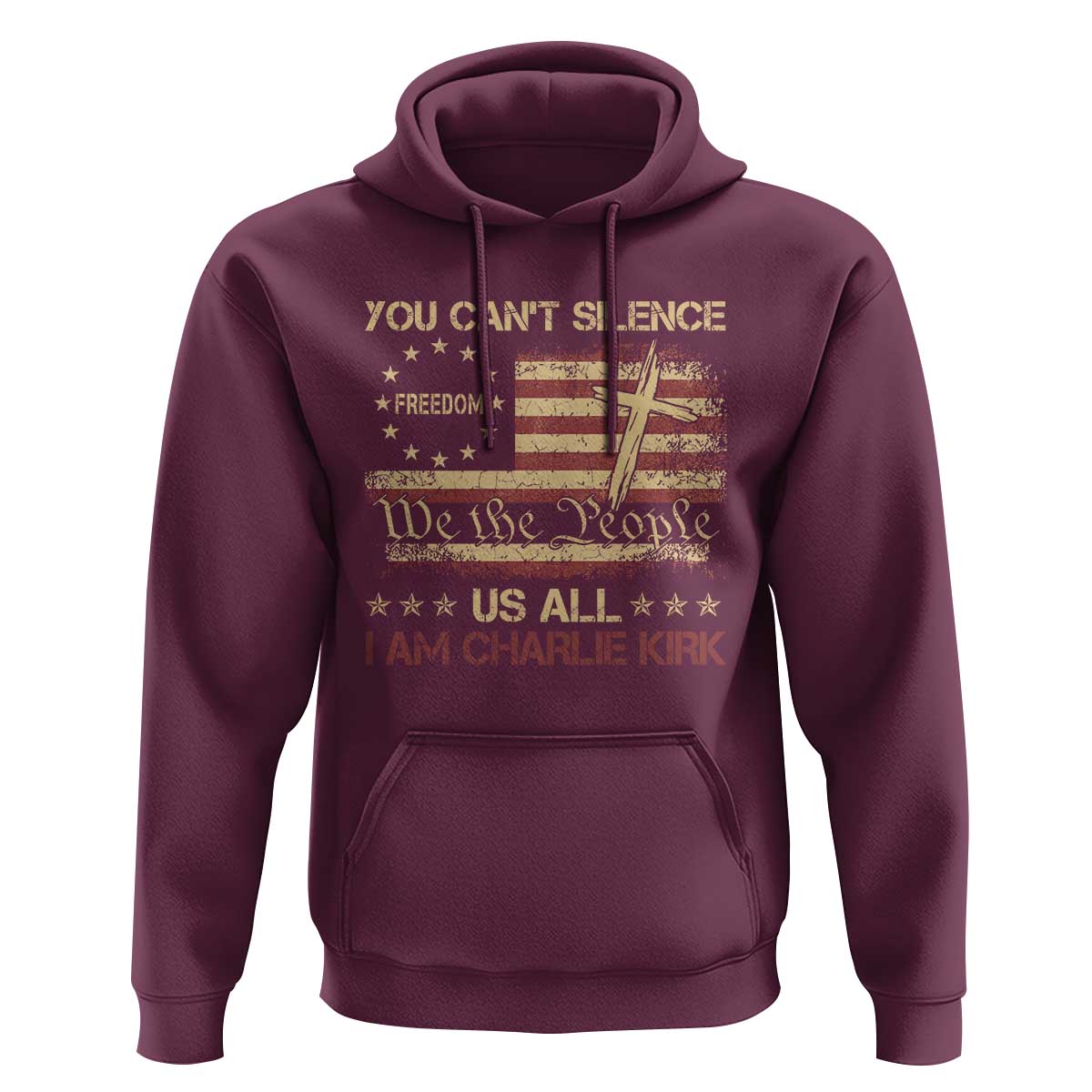 Charlie Kirk Hoodie You Cant Silence Us All Retro American Flag Cross - Wonder Print Shop
