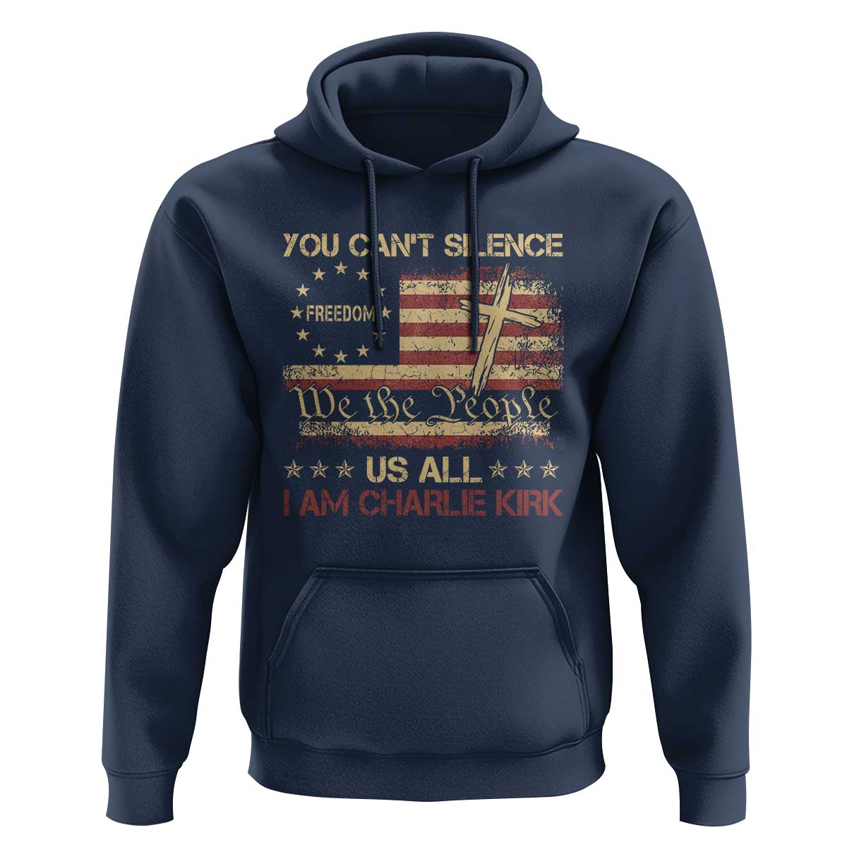Charlie Kirk Hoodie You Cant Silence Us All Retro American Flag Cross - Wonder Print Shop