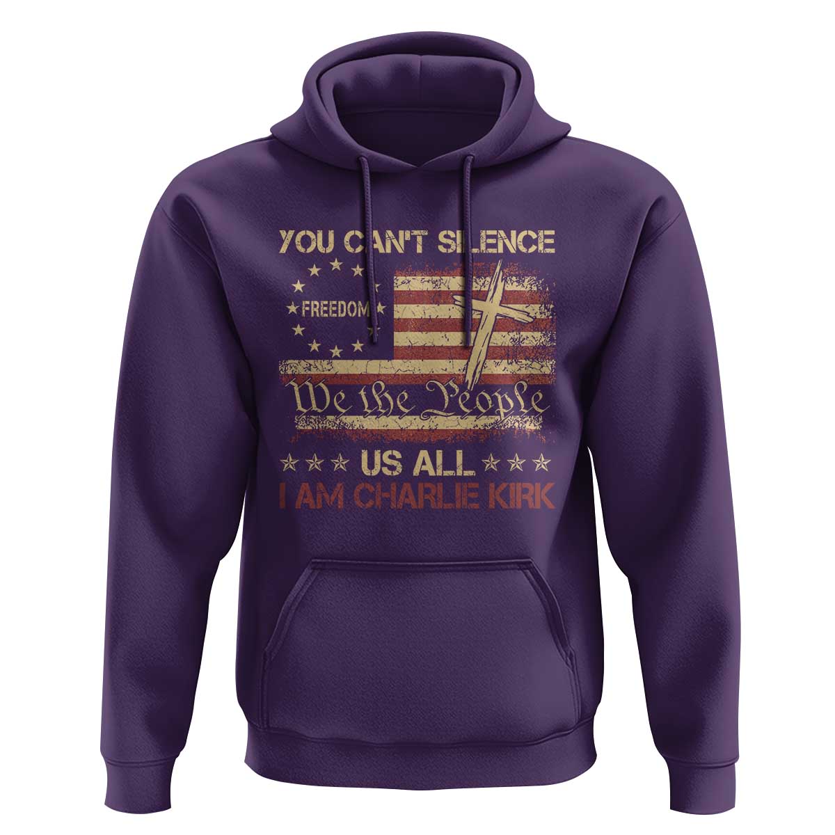 Charlie Kirk Hoodie You Cant Silence Us All Retro American Flag Cross - Wonder Print Shop
