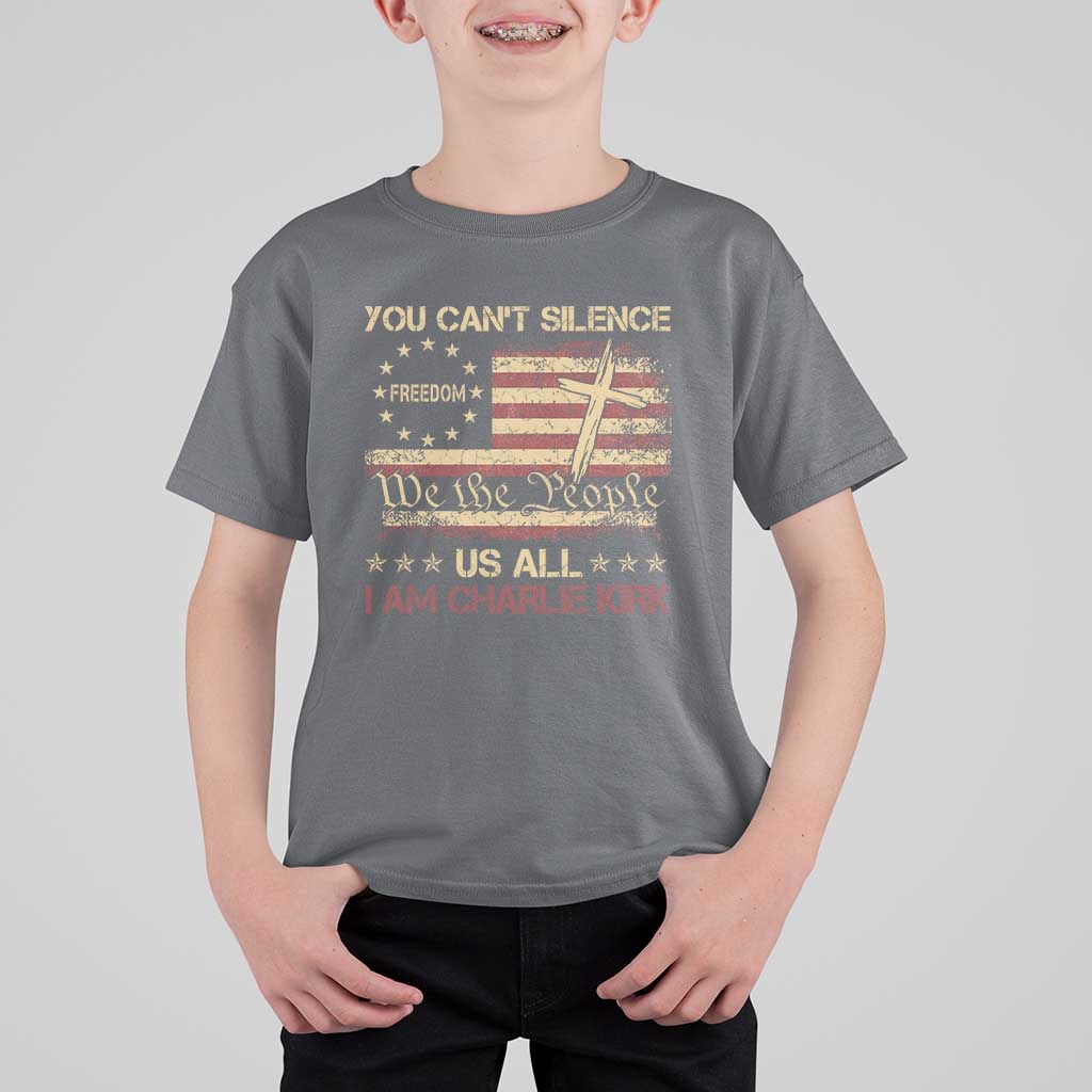 Charlie Kirk T Shirt For Kid You Cant Silence Us All Retro American Flag Cross - Wonder Print Shop
