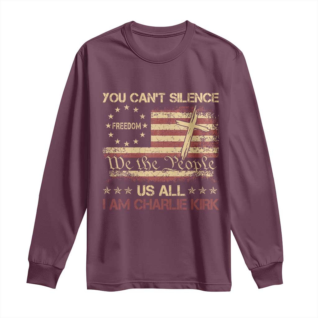 Charlie Kirk Long Sleeve Shirt You Cant Silence Us All Retro American Flag Cross - Wonder Print Shop