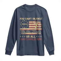 Charlie Kirk Long Sleeve Shirt You Cant Silence Us All Retro American Flag Cross - Wonder Print Shop