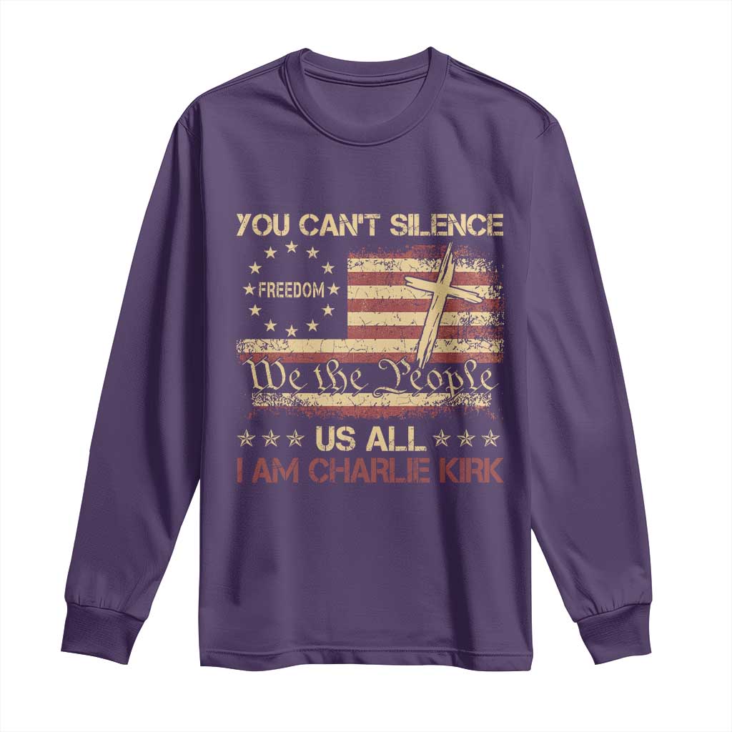 Charlie Kirk Long Sleeve Shirt You Cant Silence Us All Retro American Flag Cross - Wonder Print Shop