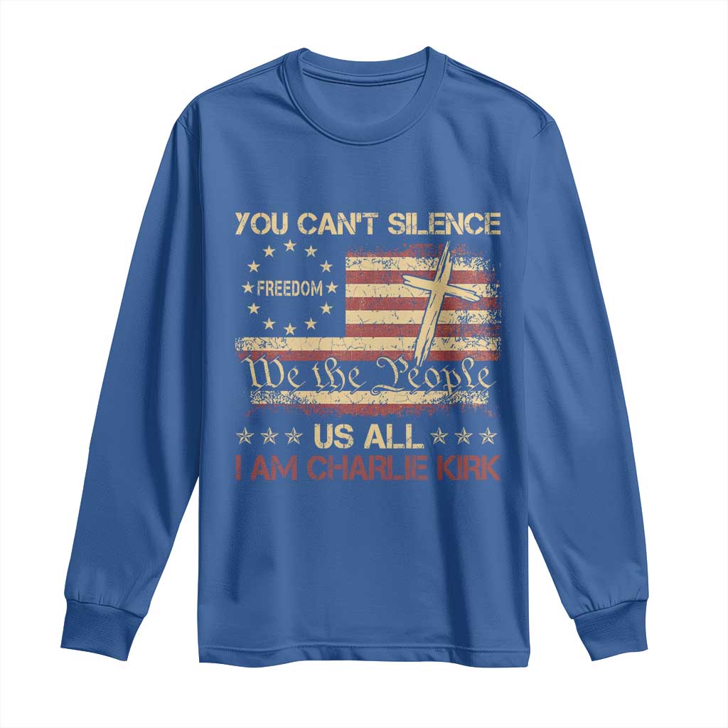Charlie Kirk Long Sleeve Shirt You Cant Silence Us All Retro American Flag Cross - Wonder Print Shop