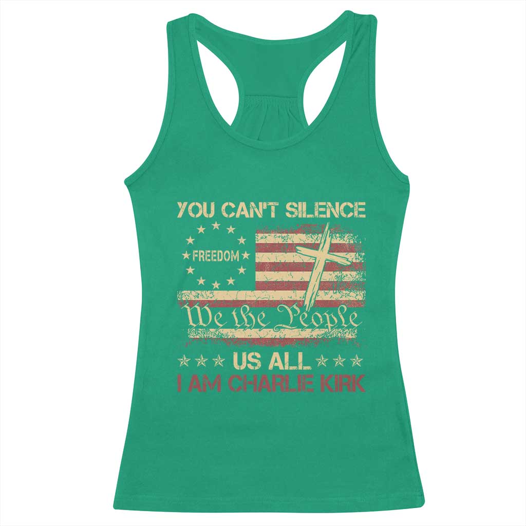 Charlie Kirk Racerback Tank Top You Cant Silence Us All Retro American Flag Cross - Wonder Print Shop