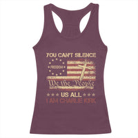 Charlie Kirk Racerback Tank Top You Cant Silence Us All Retro American Flag Cross - Wonder Print Shop