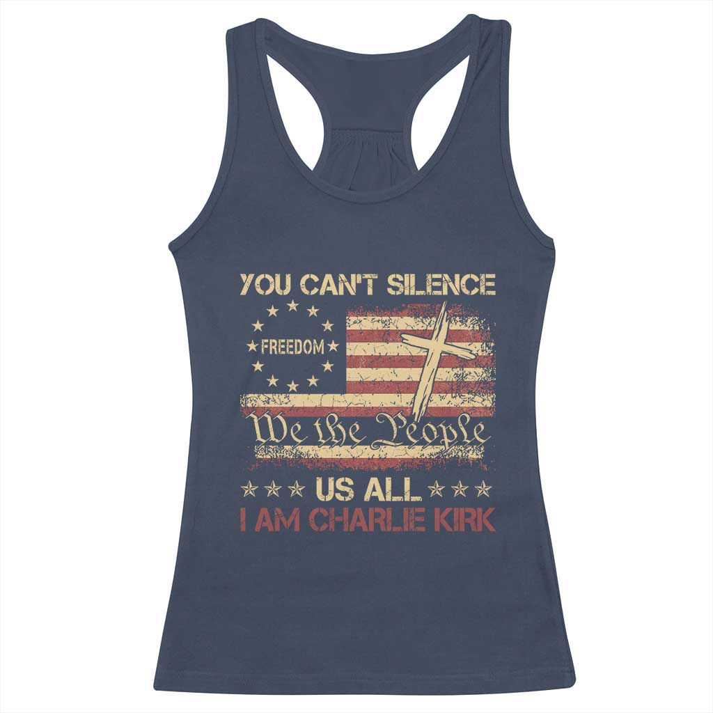 Charlie Kirk Racerback Tank Top You Cant Silence Us All Retro American Flag Cross - Wonder Print Shop