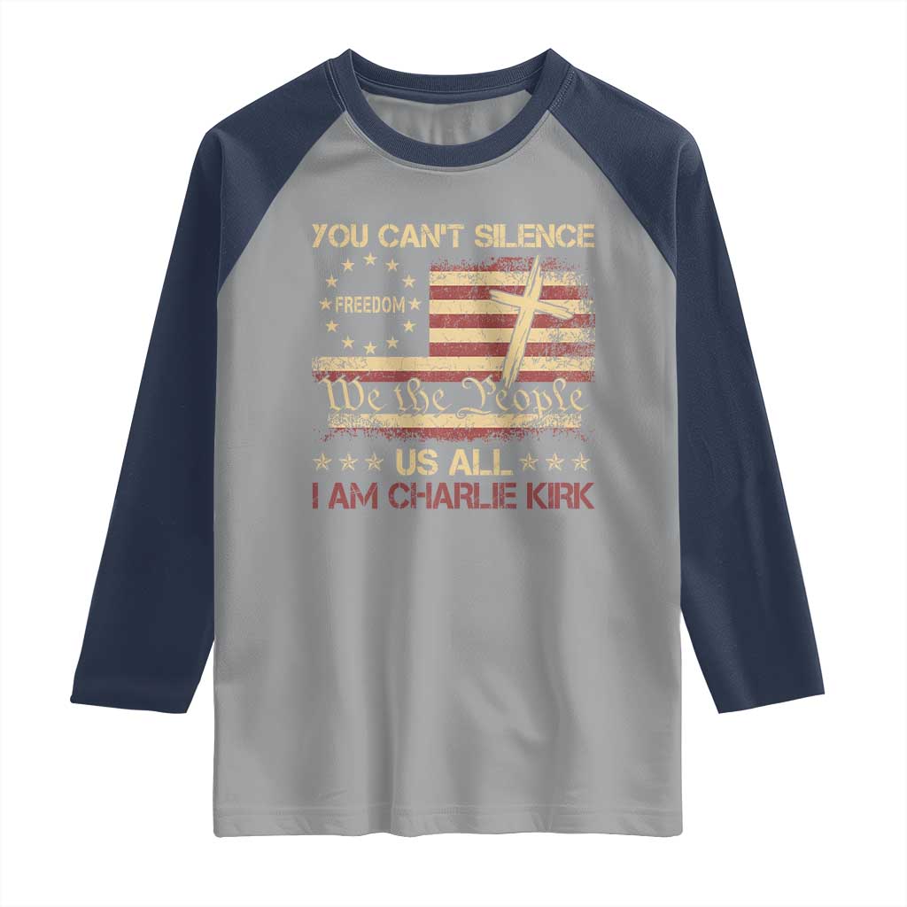Charlie Kirk Raglan Shirt You Cant Silence Us All Retro American Flag Cross - Wonder Print Shop