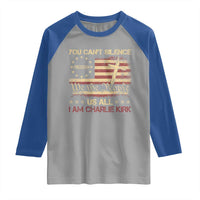 Charlie Kirk Raglan Shirt You Cant Silence Us All Retro American Flag Cross - Wonder Print Shop