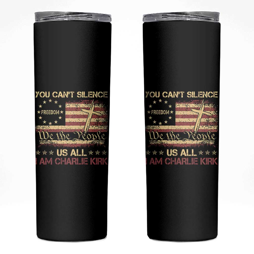 Charlie Kirk Skinny Tumbler You Cant Silence Us All Retro American Flag Cross - Wonder Print Shop