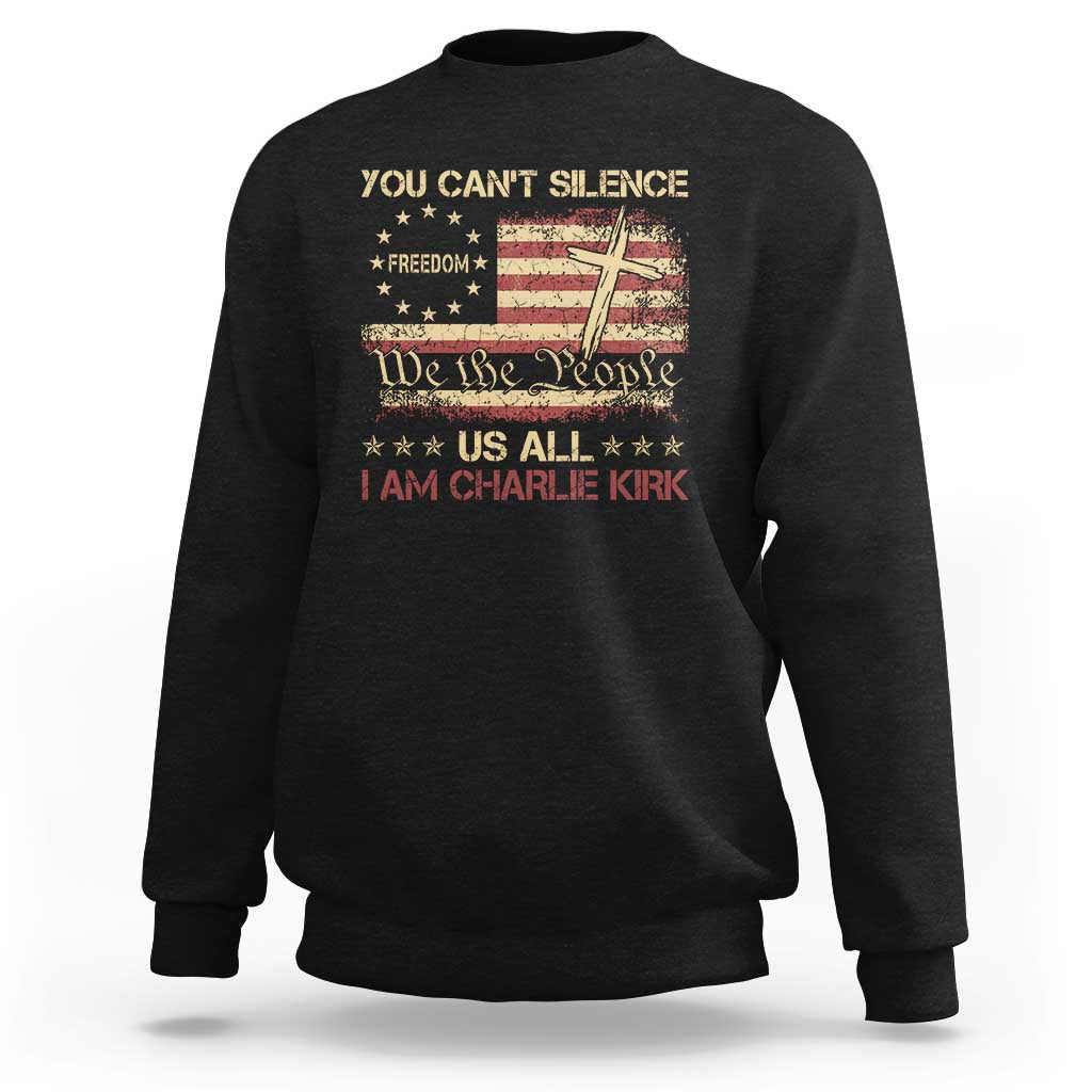 Charlie Kirk Sweatshirt You Cant Silence Us All Retro American Flag Cross - Wonder Print Shop