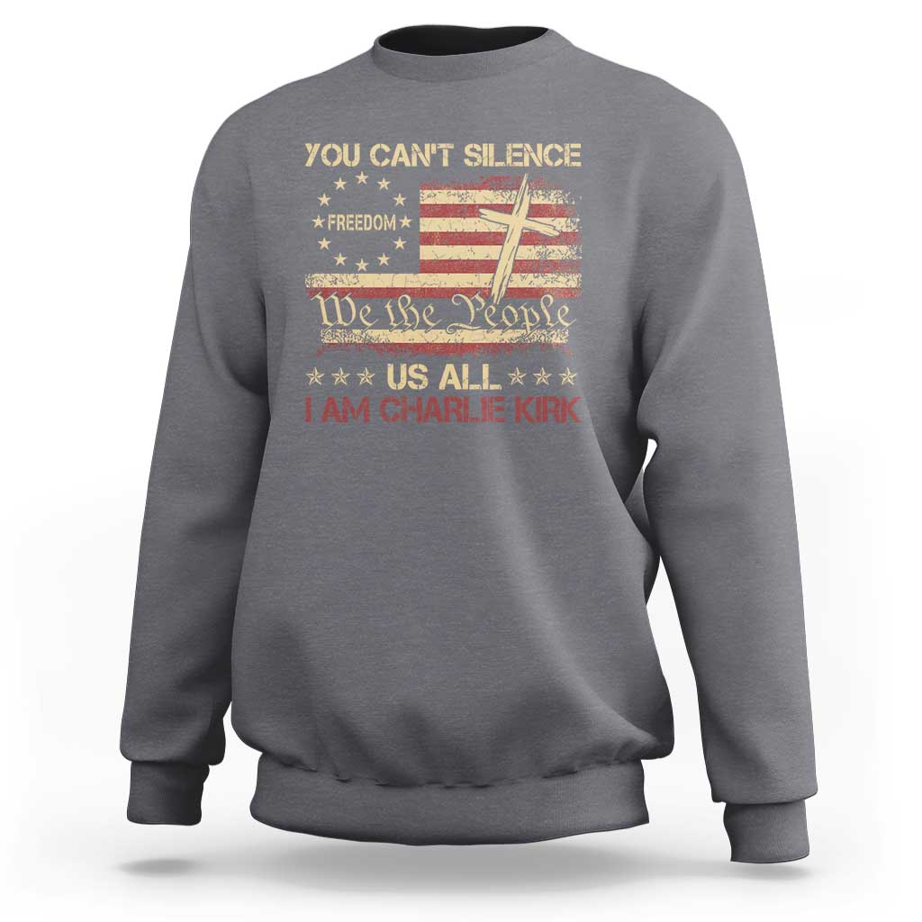 Charlie Kirk Sweatshirt You Cant Silence Us All Retro American Flag Cross - Wonder Print Shop