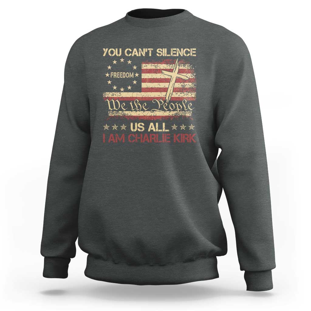 Charlie Kirk Sweatshirt You Cant Silence Us All Retro American Flag Cross - Wonder Print Shop