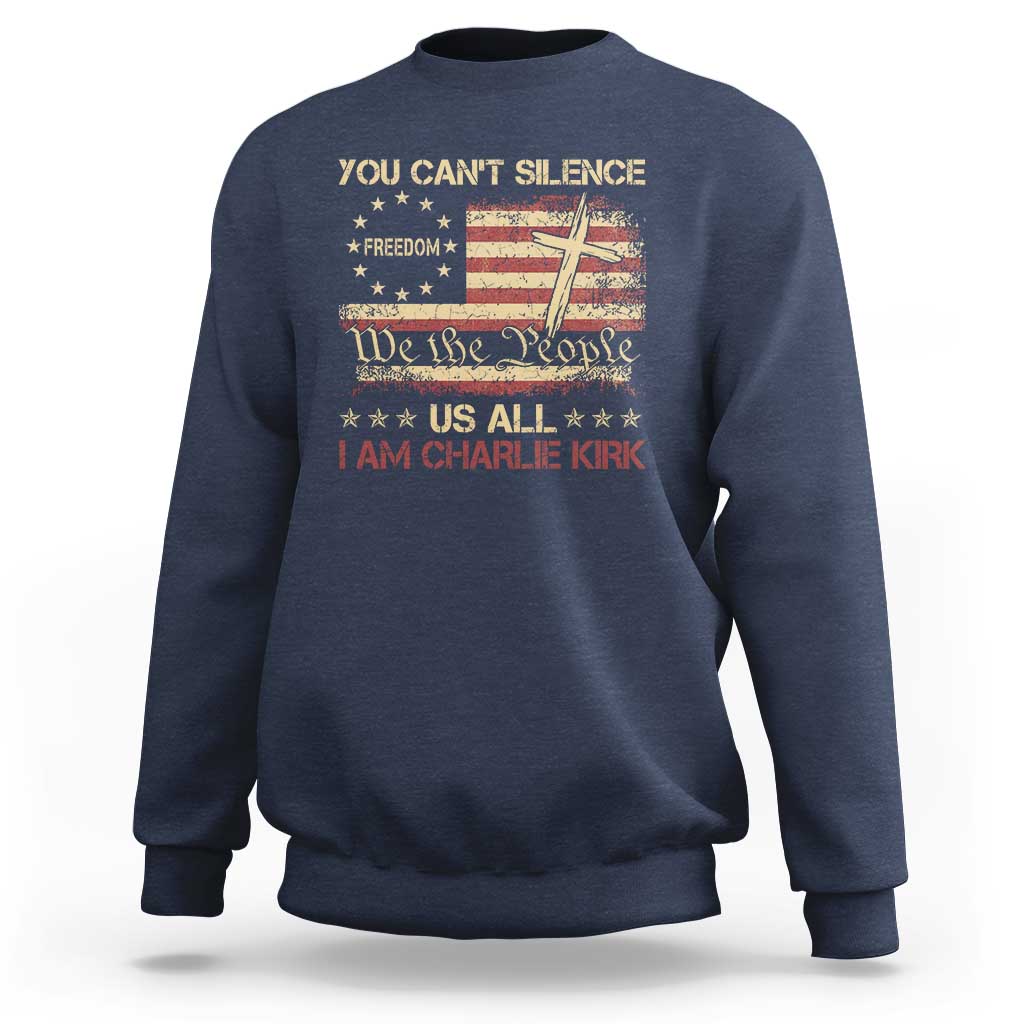 Charlie Kirk Sweatshirt You Cant Silence Us All Retro American Flag Cross - Wonder Print Shop