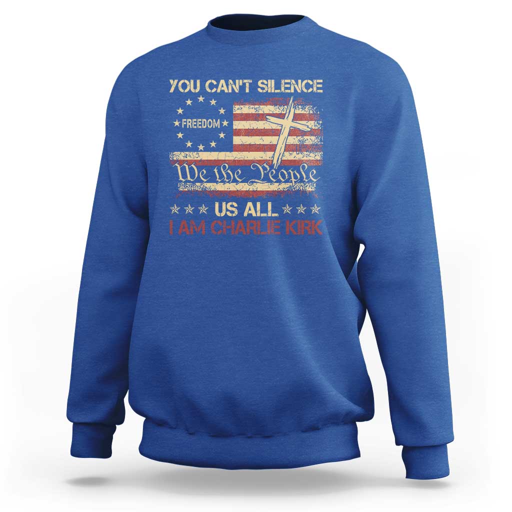 Charlie Kirk Sweatshirt You Cant Silence Us All Retro American Flag Cross - Wonder Print Shop