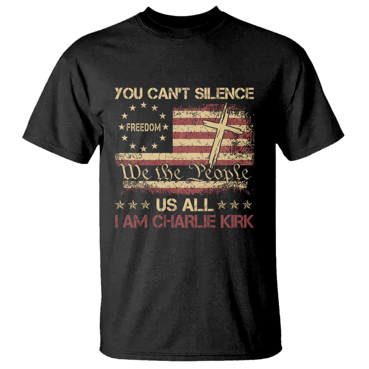 Charlie Kirk T Shirt You Cant Silence Us All Retro American Flag Cross - Wonder Print Shop