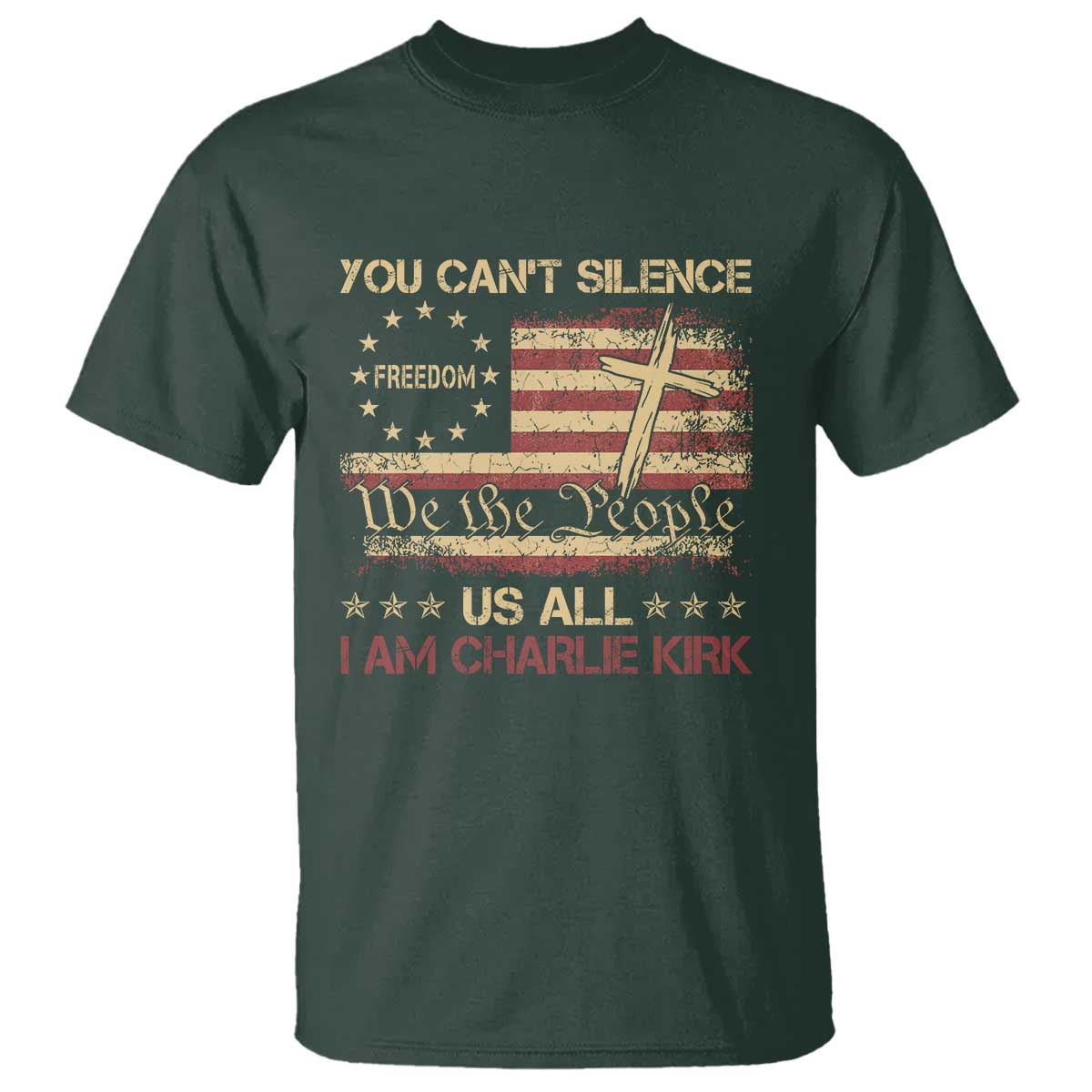 Charlie Kirk T Shirt You Cant Silence Us All Retro American Flag Cross - Wonder Print Shop