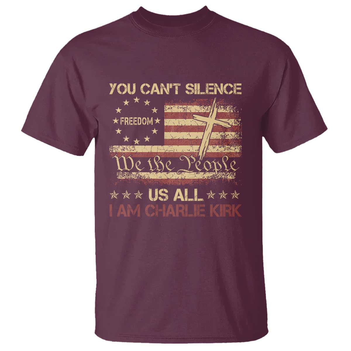 Charlie Kirk T Shirt You Cant Silence Us All Retro American Flag Cross - Wonder Print Shop