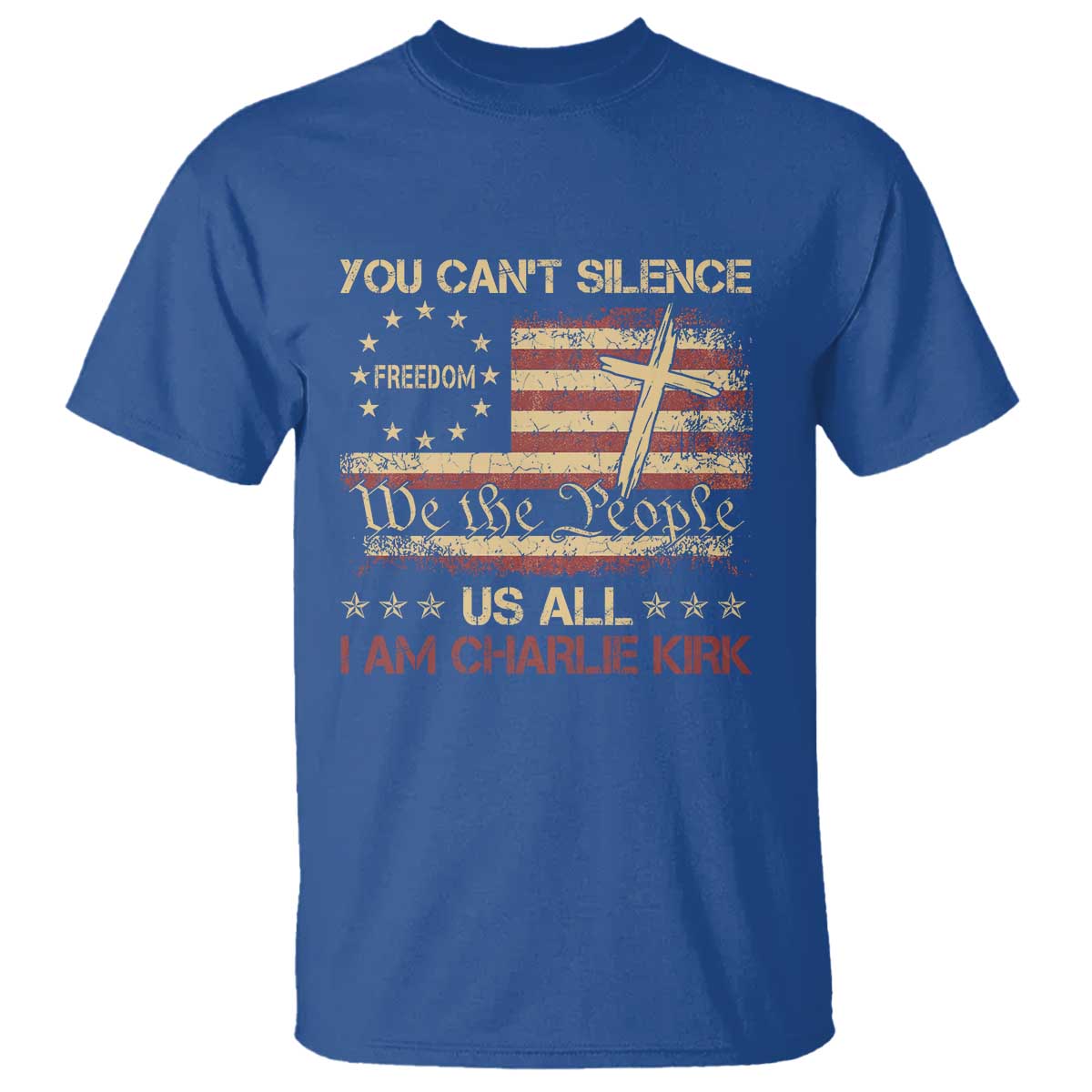 Charlie Kirk T Shirt You Cant Silence Us All Retro American Flag Cross - Wonder Print Shop