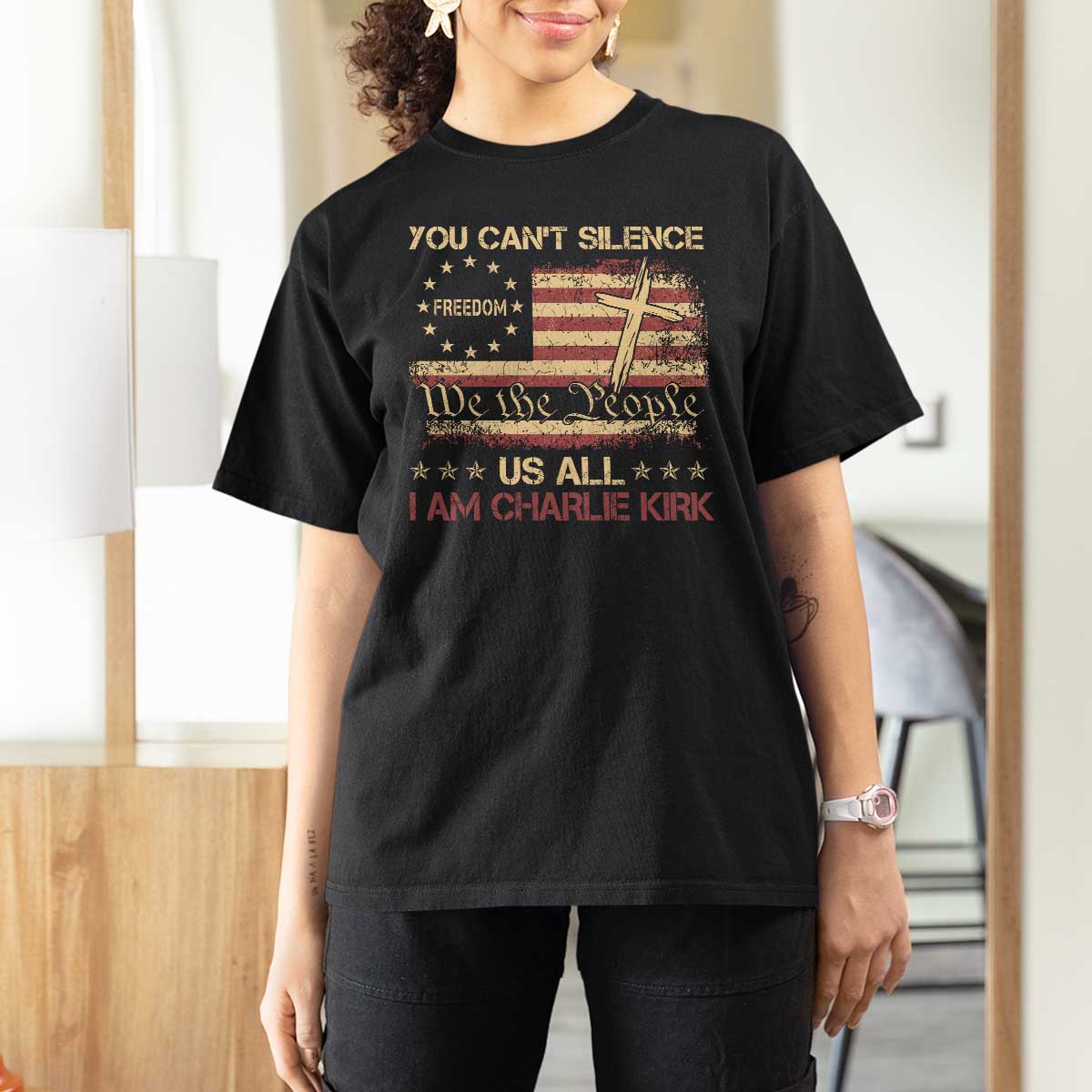 Charlie Kirk T Shirt For Women You Cant Silence Us All Retro American Flag Cross - Wonder Print Shop