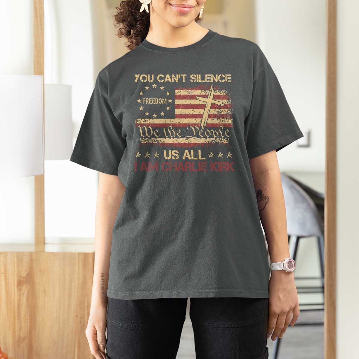 Charlie Kirk T Shirt For Women You Cant Silence Us All Retro American Flag Cross - Wonder Print Shop