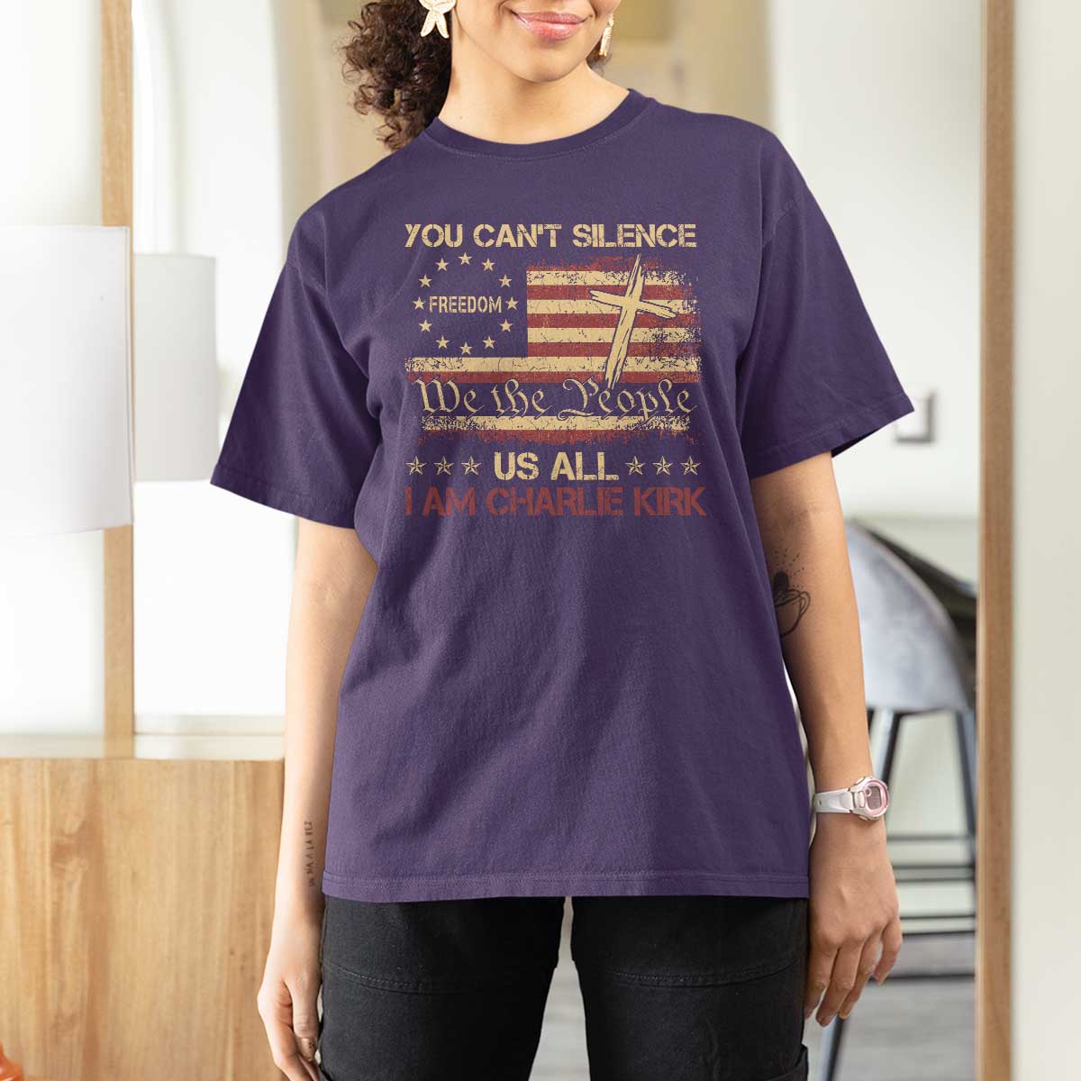 Charlie Kirk T Shirt For Women You Cant Silence Us All Retro American Flag Cross - Wonder Print Shop
