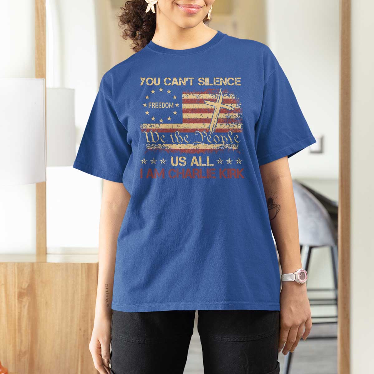Charlie Kirk T Shirt For Women You Cant Silence Us All Retro American Flag Cross - Wonder Print Shop