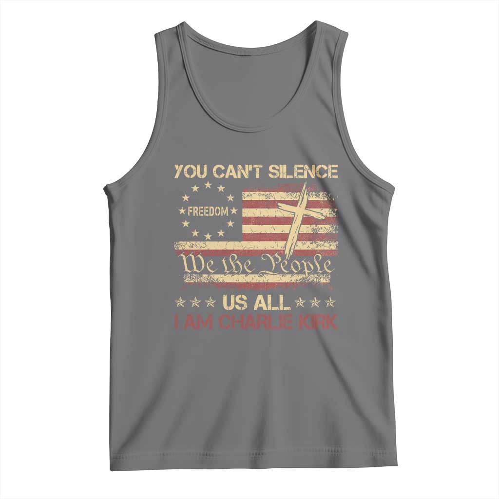 Charlie Kirk Tank Top You Cant Silence Us All Retro American Flag Cross - Wonder Print Shop