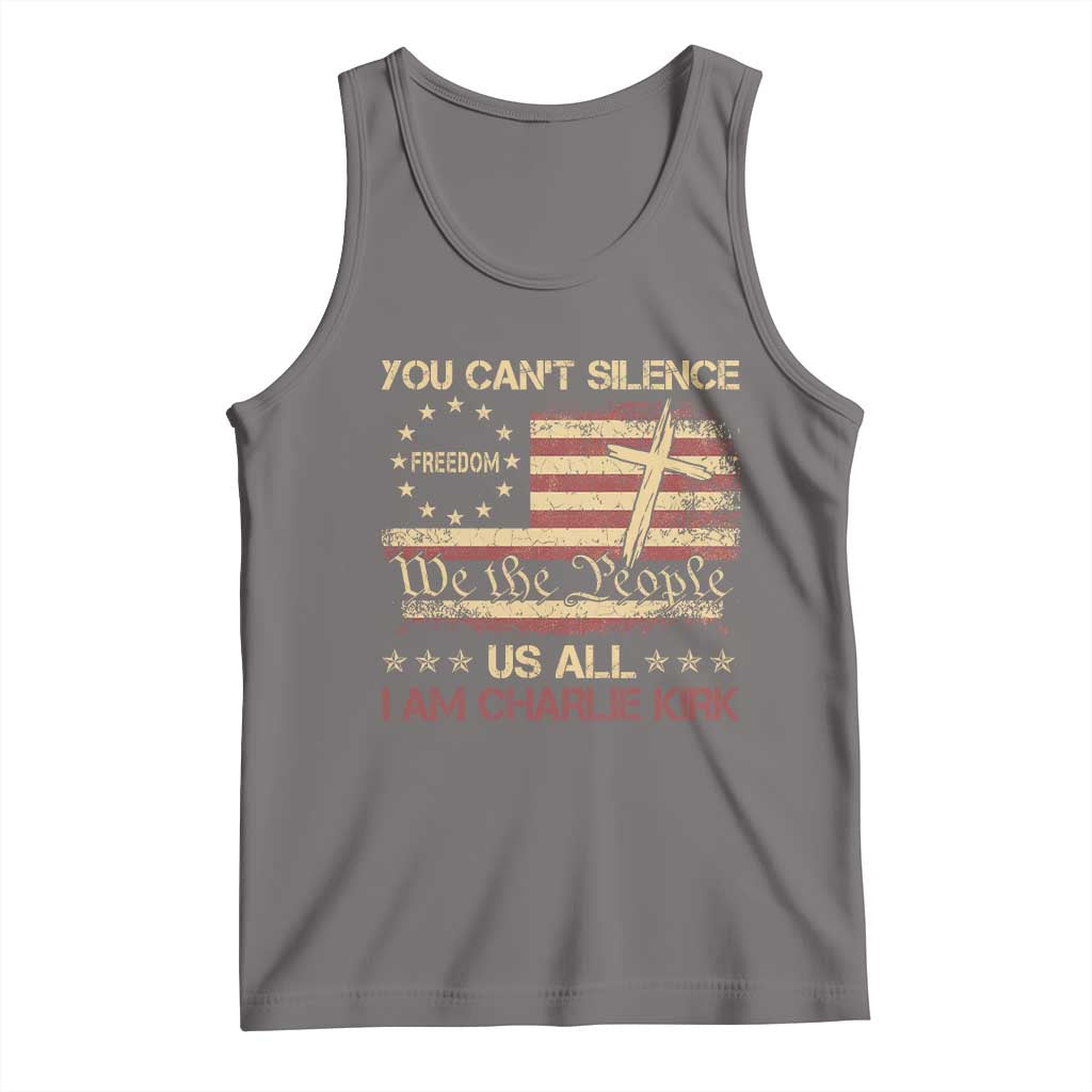 Charlie Kirk Tank Top You Cant Silence Us All Retro American Flag Cross - Wonder Print Shop