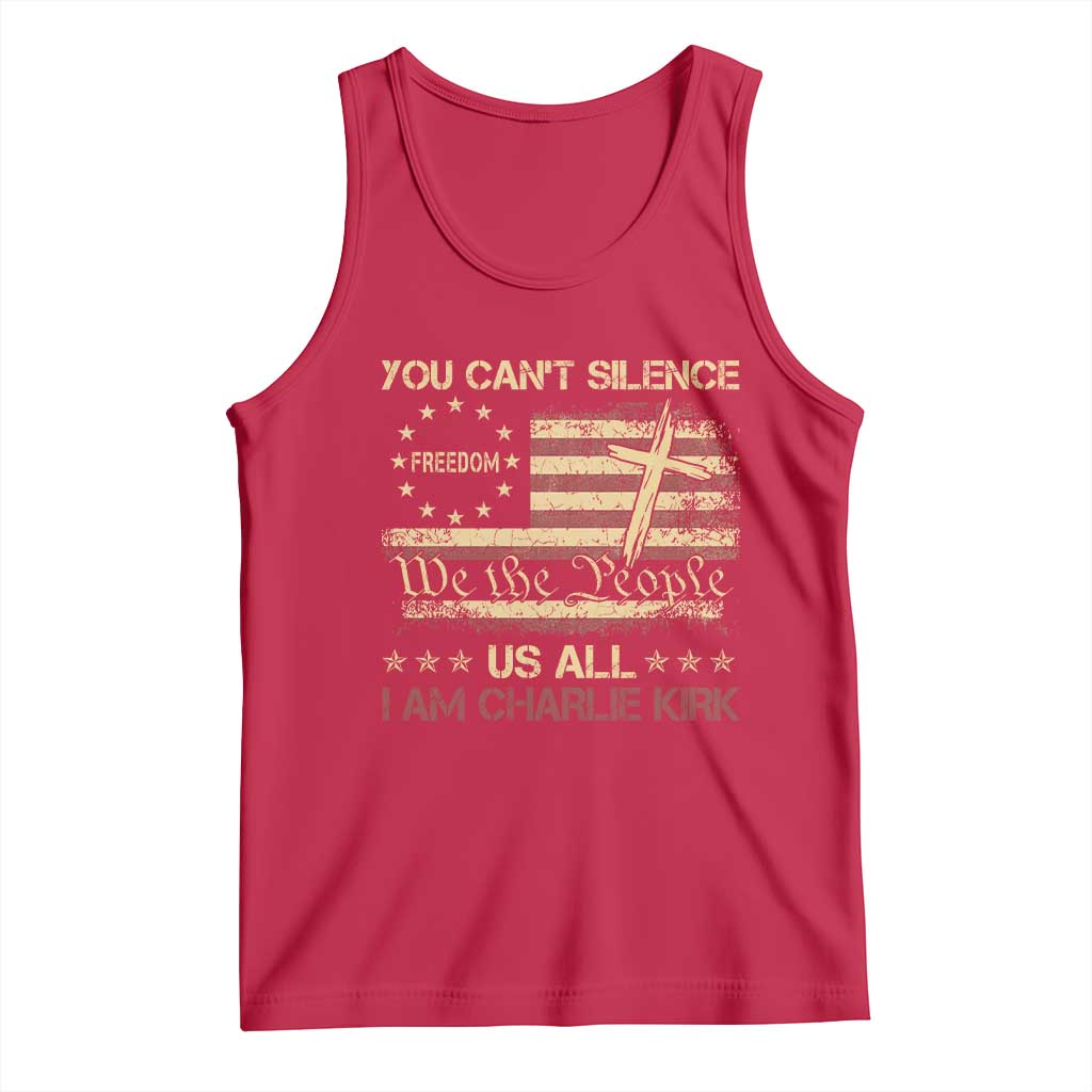 Charlie Kirk Tank Top You Cant Silence Us All Retro American Flag Cross - Wonder Print Shop