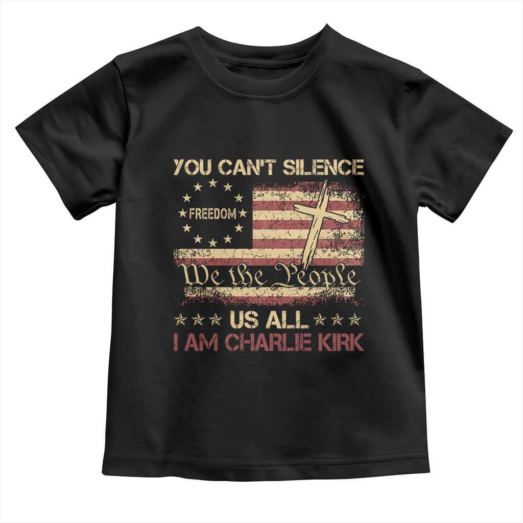 Charlie Kirk Toddler T Shirt You Cant Silence Us All Retro American Flag Cross - Wonder Print Shop