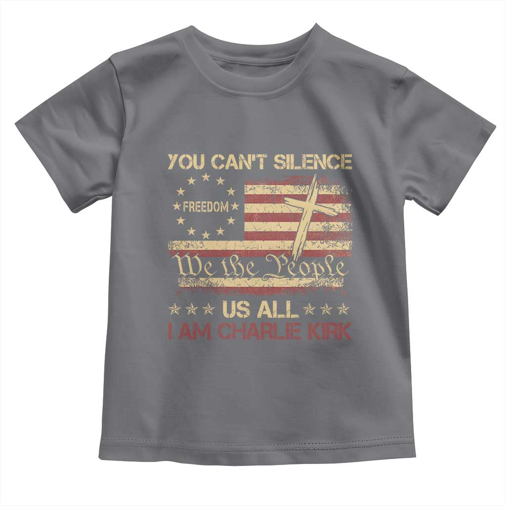 Charlie Kirk Toddler T Shirt You Cant Silence Us All Retro American Flag Cross - Wonder Print Shop