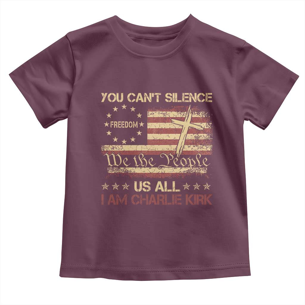 Charlie Kirk Toddler T Shirt You Cant Silence Us All Retro American Flag Cross - Wonder Print Shop