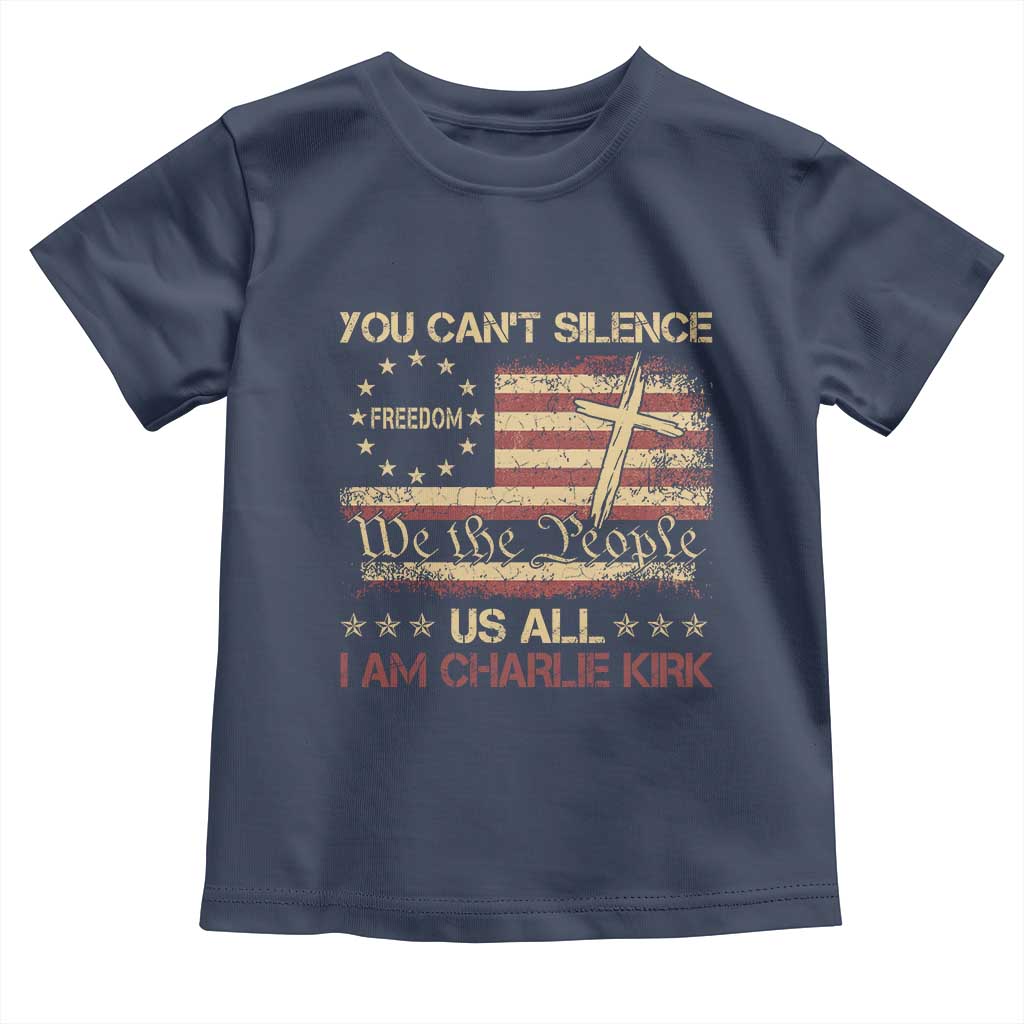 Charlie Kirk Toddler T Shirt You Cant Silence Us All Retro American Flag Cross - Wonder Print Shop