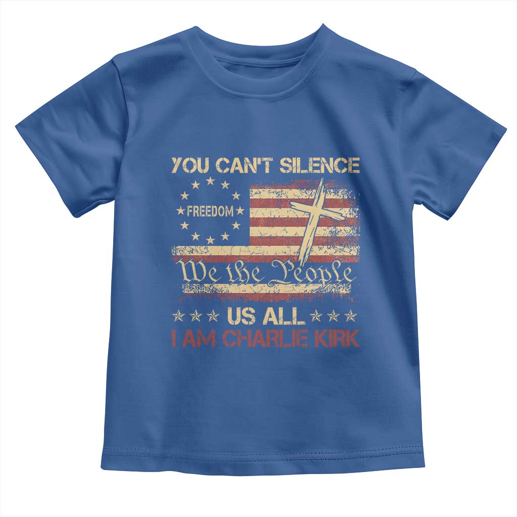 Charlie Kirk Toddler T Shirt You Cant Silence Us All Retro American Flag Cross - Wonder Print Shop
