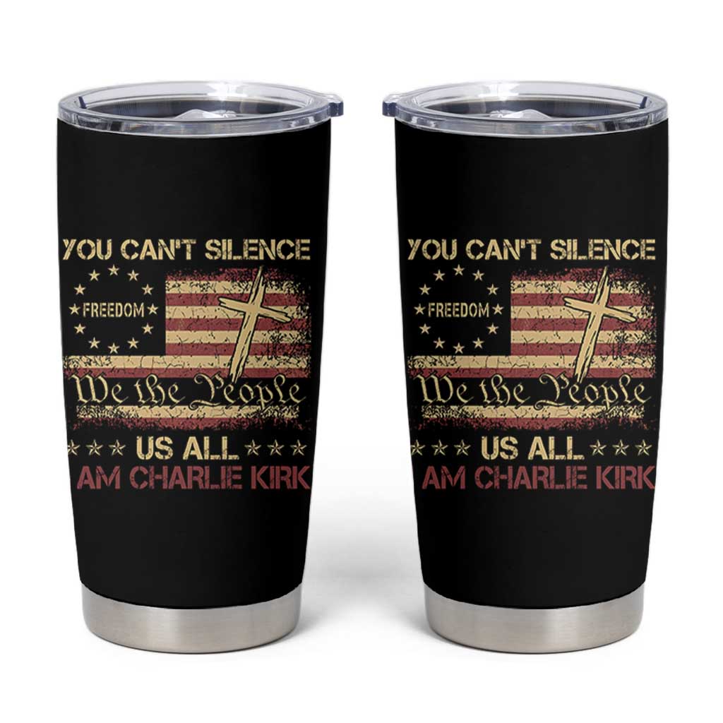 Charlie Kirk Tumbler Cup You Cant Silence Us All Retro American Flag Cross - Wonder Print Shop