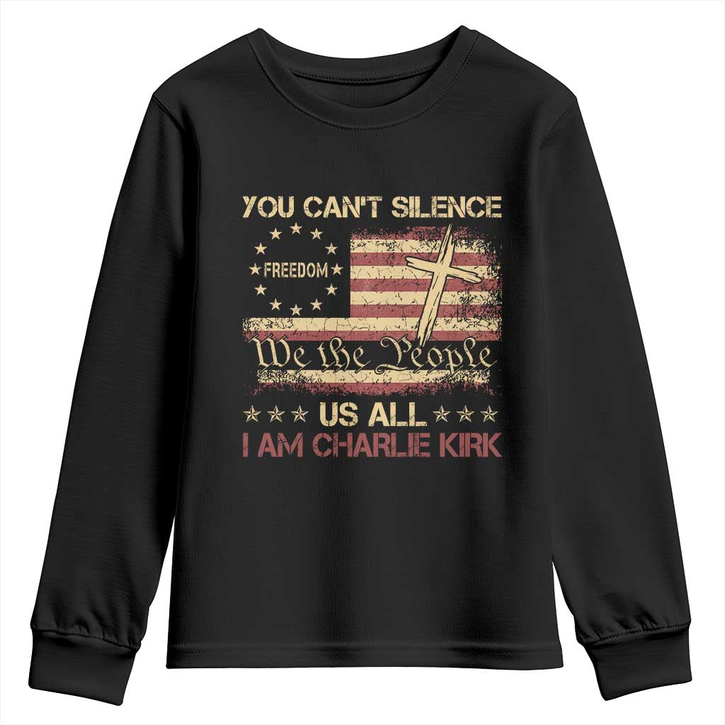 Charlie Kirk Youth Sweatshirt You Cant Silence Us All Retro American Flag Cross - Wonder Print Shop