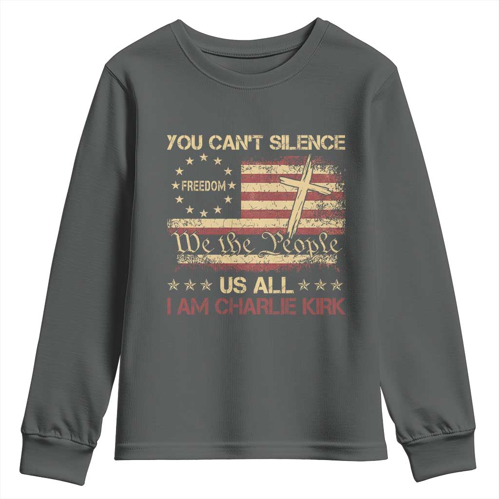 Charlie Kirk Youth Sweatshirt You Cant Silence Us All Retro American Flag Cross - Wonder Print Shop