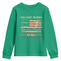 Charlie Kirk Youth Sweatshirt You Cant Silence Us All Retro American Flag Cross - Wonder Print Shop