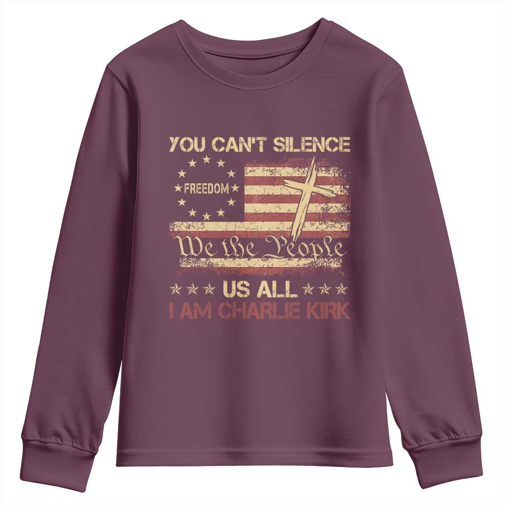 Charlie Kirk Youth Sweatshirt You Cant Silence Us All Retro American Flag Cross - Wonder Print Shop
