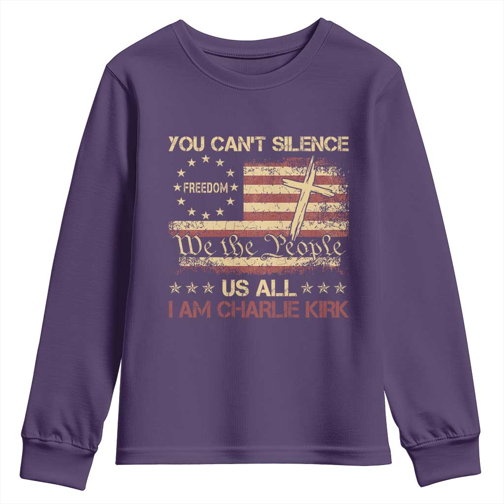 Charlie Kirk Youth Sweatshirt You Cant Silence Us All Retro American Flag Cross - Wonder Print Shop
