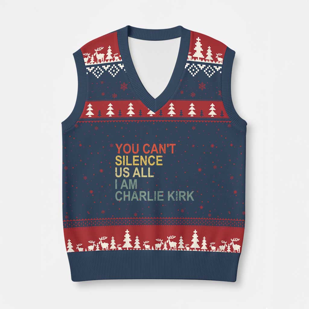 Charlie Kirk V-Neck Knit Sweater Vest Retro You Cant Silence Us All - Wonder Print Shop