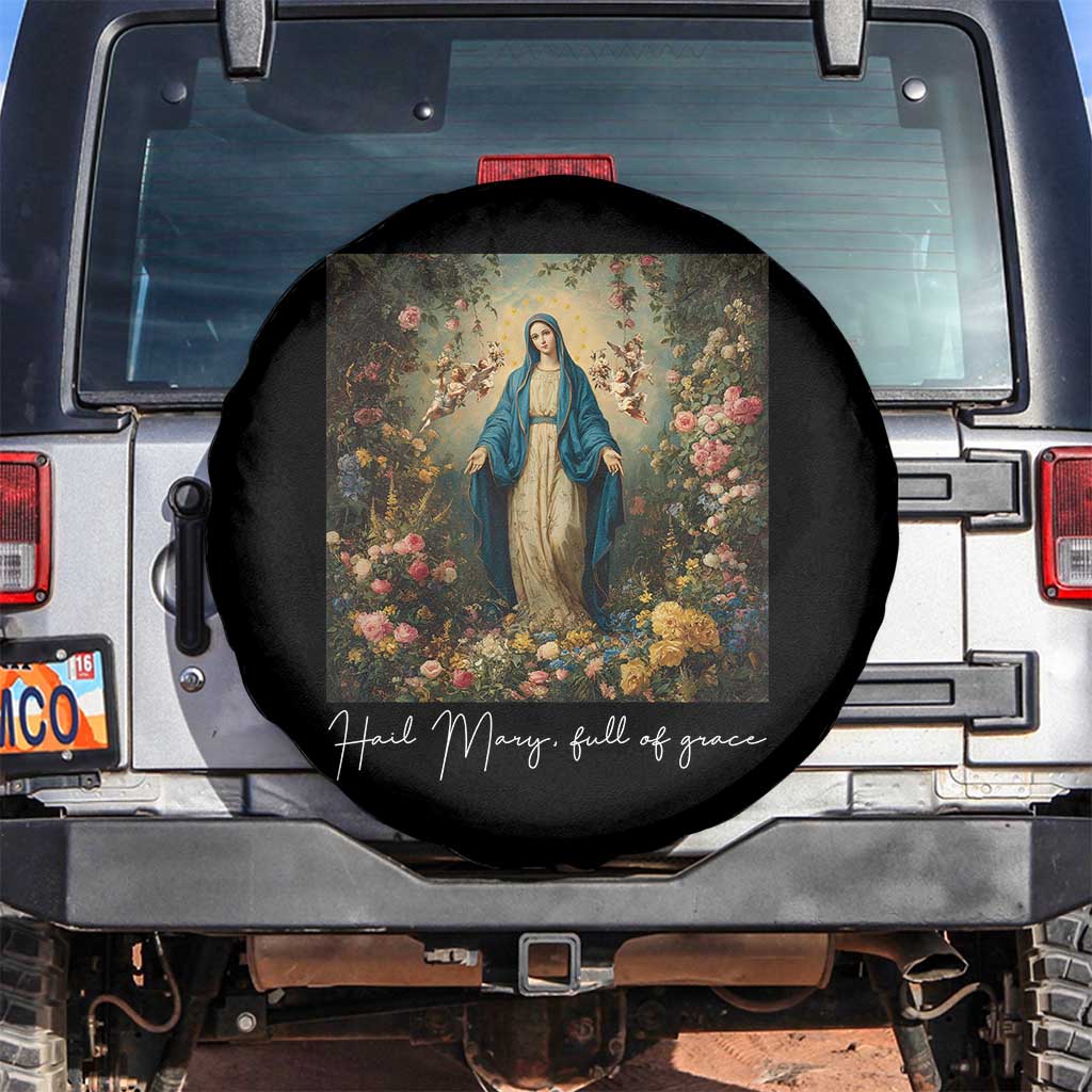 Marian Catholic Spare Tire Cover Hail Mary Full Of Grace Blessed Virgin Mary Floral - Wonder Print Shop