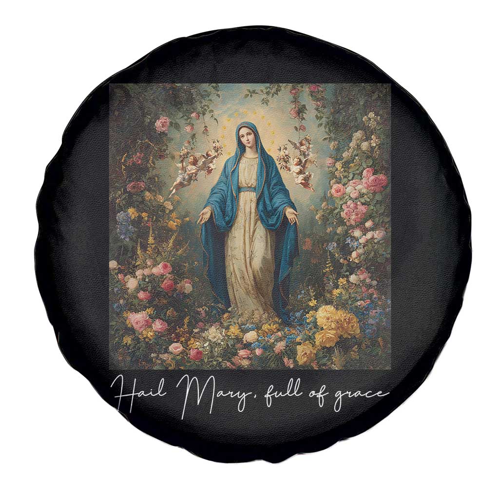 Marian Catholic Spare Tire Cover Hail Mary Full Of Grace Blessed Virgin Mary Floral - Wonder Print Shop