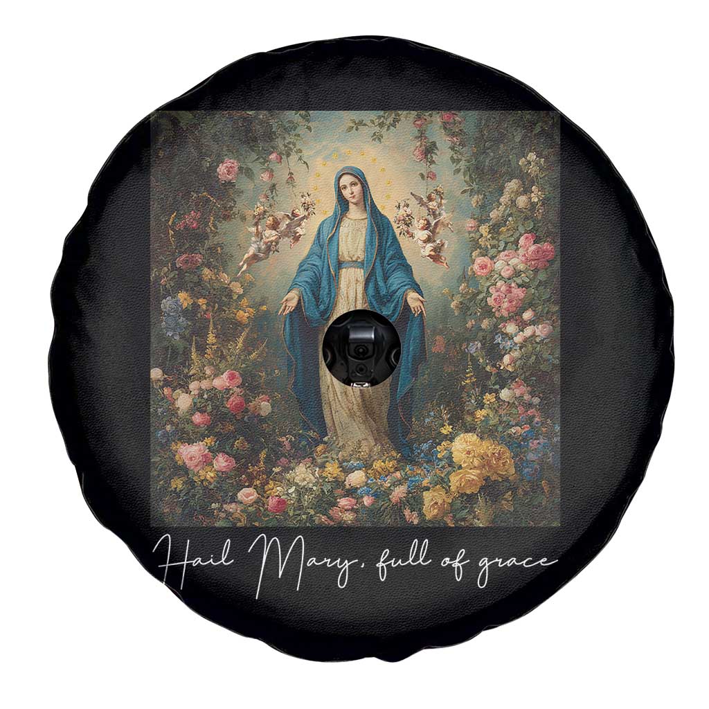 Marian Catholic Spare Tire Cover Hail Mary Full Of Grace Blessed Virgin Mary Floral - Wonder Print Shop