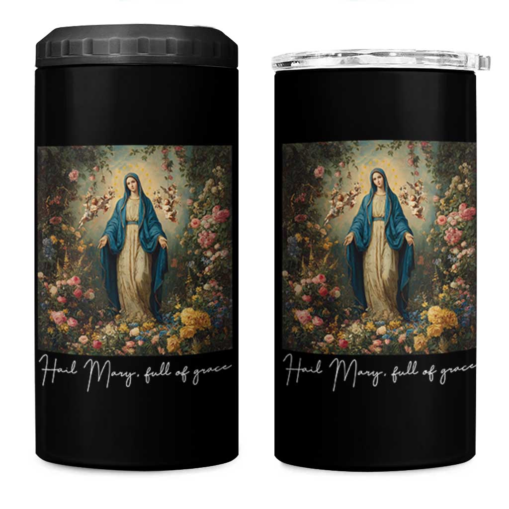 Marian Catholic 4 in 1 Can Cooler Tumbler Hail Mary Full Of Grace Blessed Virgin Mary Floral - Wonder Print Shop