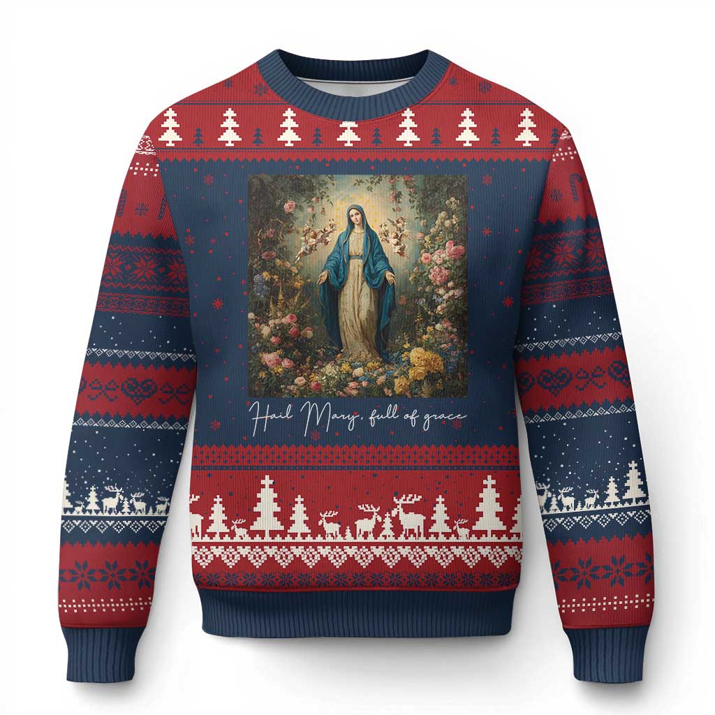 Marian Catholic Ugly Christmas Sweater Hail Mary Full Of Grace Blessed Virgin Mary Floral - Wonder Print Shop