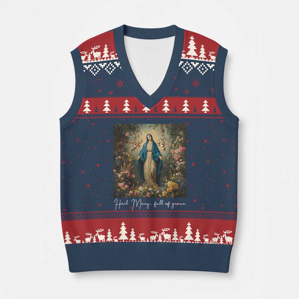 Marian Catholic V-Neck Knit Sweater Vest Hail Mary Full Of Grace Blessed Virgin Mary Floral - Wonder Print Shop